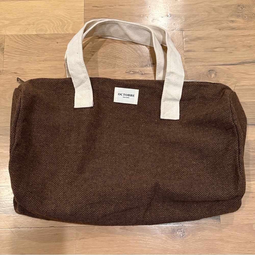 Sezane Octobre Editions Brown Herringbone Duffel Bag with Cream Handles